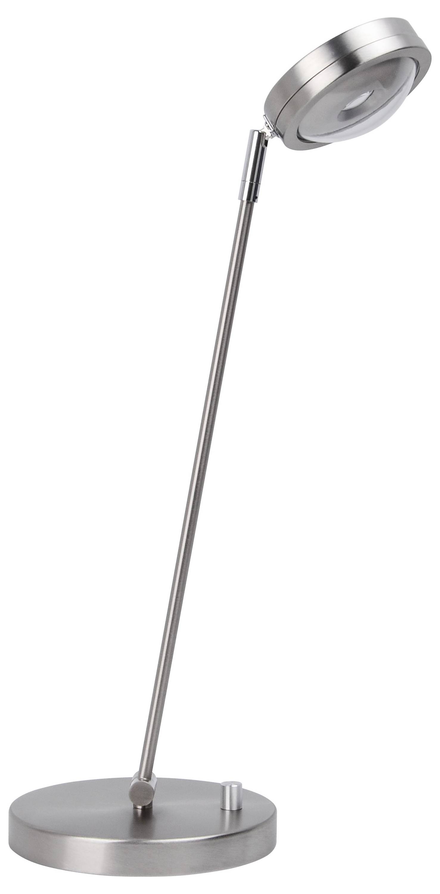 Smukła, nowoczesna lampa stołowa z metalu z okrągłą podstawą i regulowaną głowicą do precyzyjnego oświetlenia.