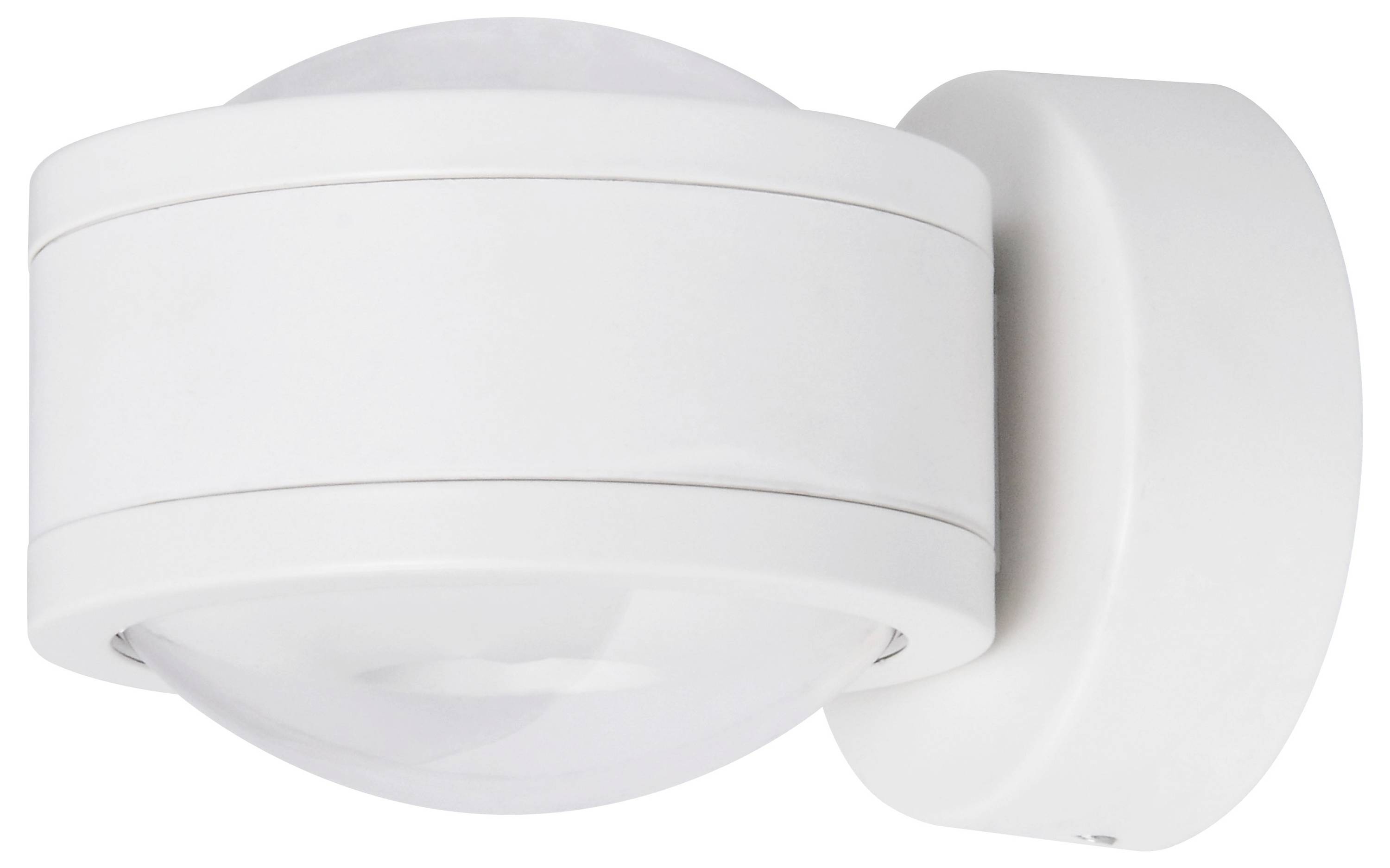 Biały, naścienny czujnik ruchu o zaokrąglonym designie, odpowiedni do monitoringu wewnętrznego i zewnętrznego.