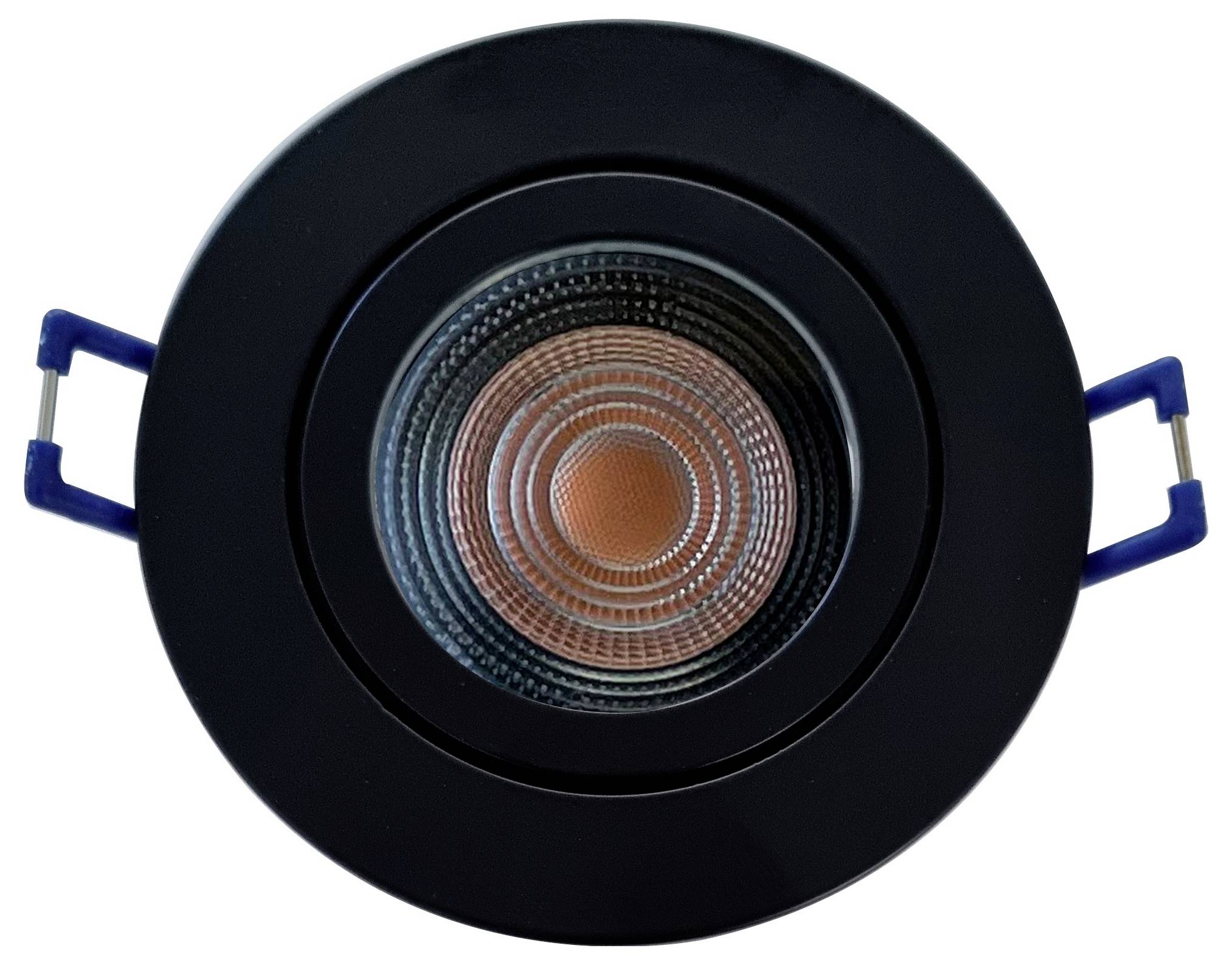 Czarny sufitowy spot LED z okrągłą soczewką i niebieskimi zaciskami mocującymi.