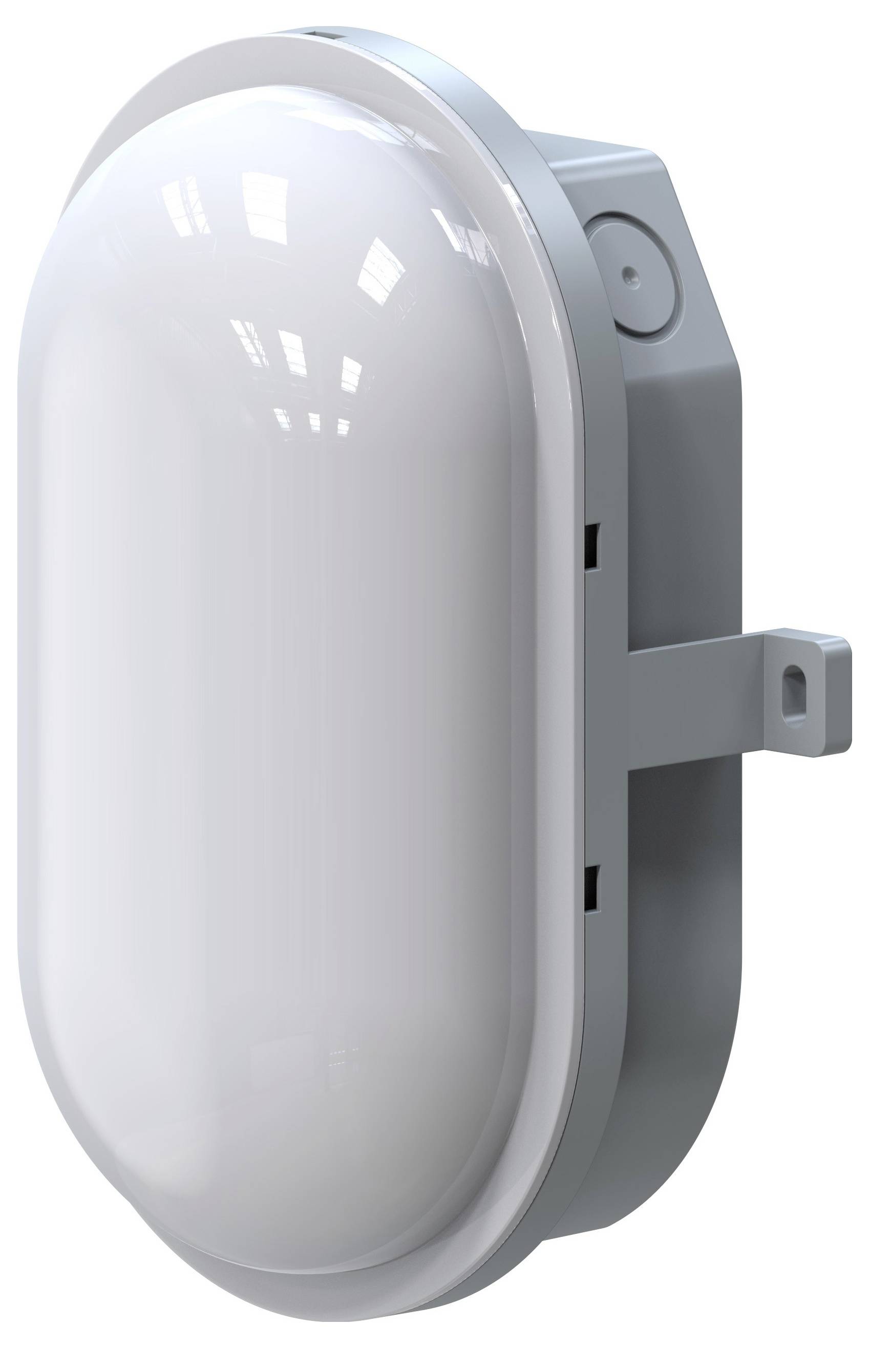 Biała owalna lampa ścienna z plastyczną obudową, odpowiednia do stosowania na zewnątrz.