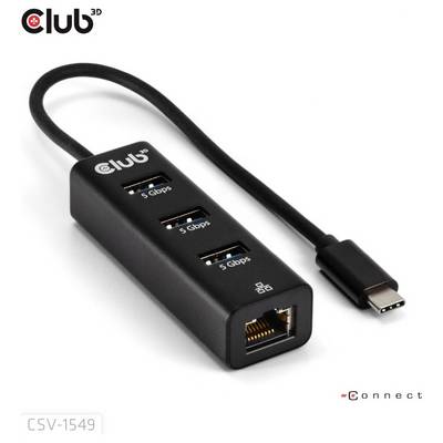 Adapter Club 3D HDMI na USB-C z trzema portami USB i złączem Ethernet, przeznaczony do szybkiej transmisji danych i połączeń sieciowych.