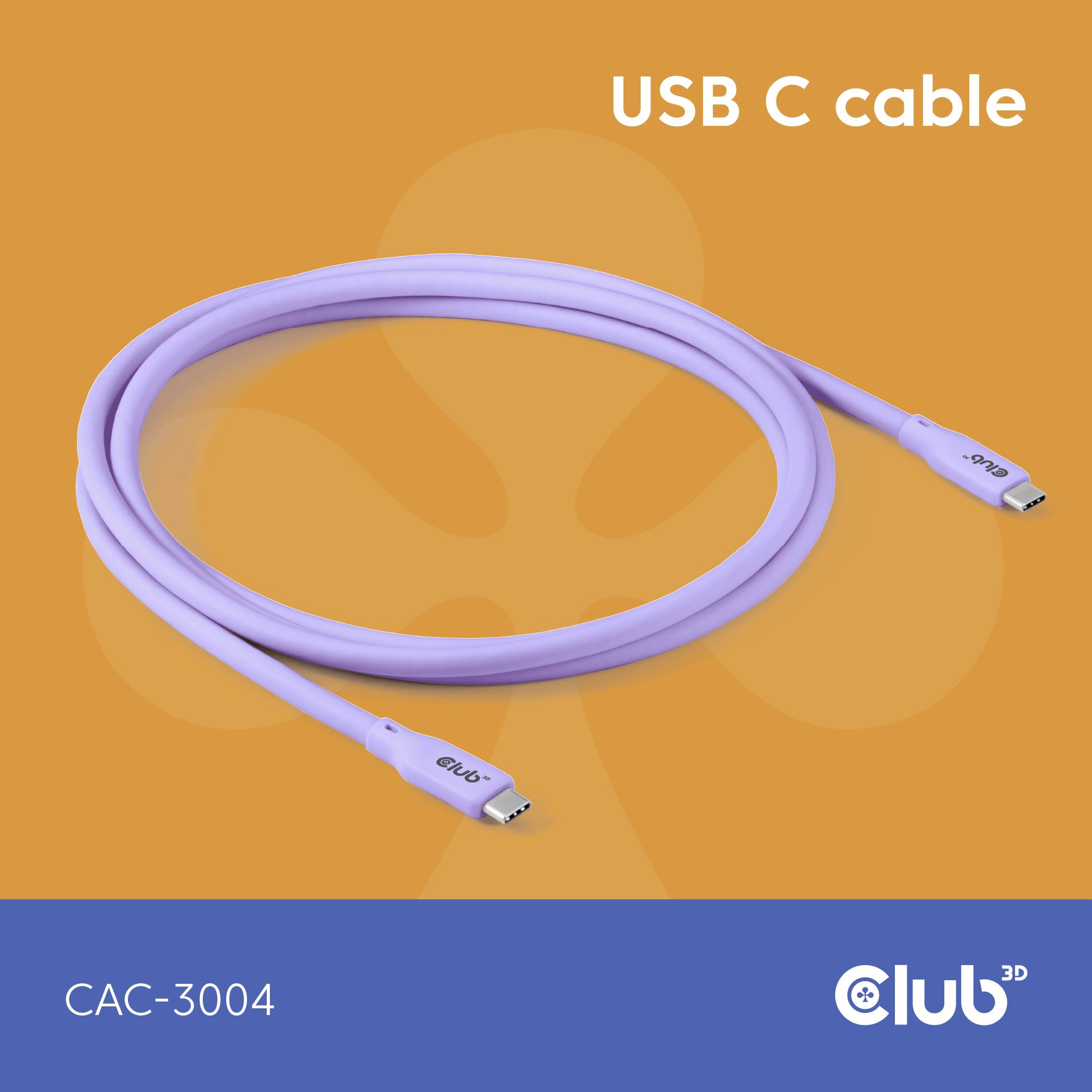 Fioletowy kabel USB-C na żółtym tle z napisem „Kabel USB C" w prawym górnym rogu i „CAC-3004 Club3D" w lewym dolnym rogu.