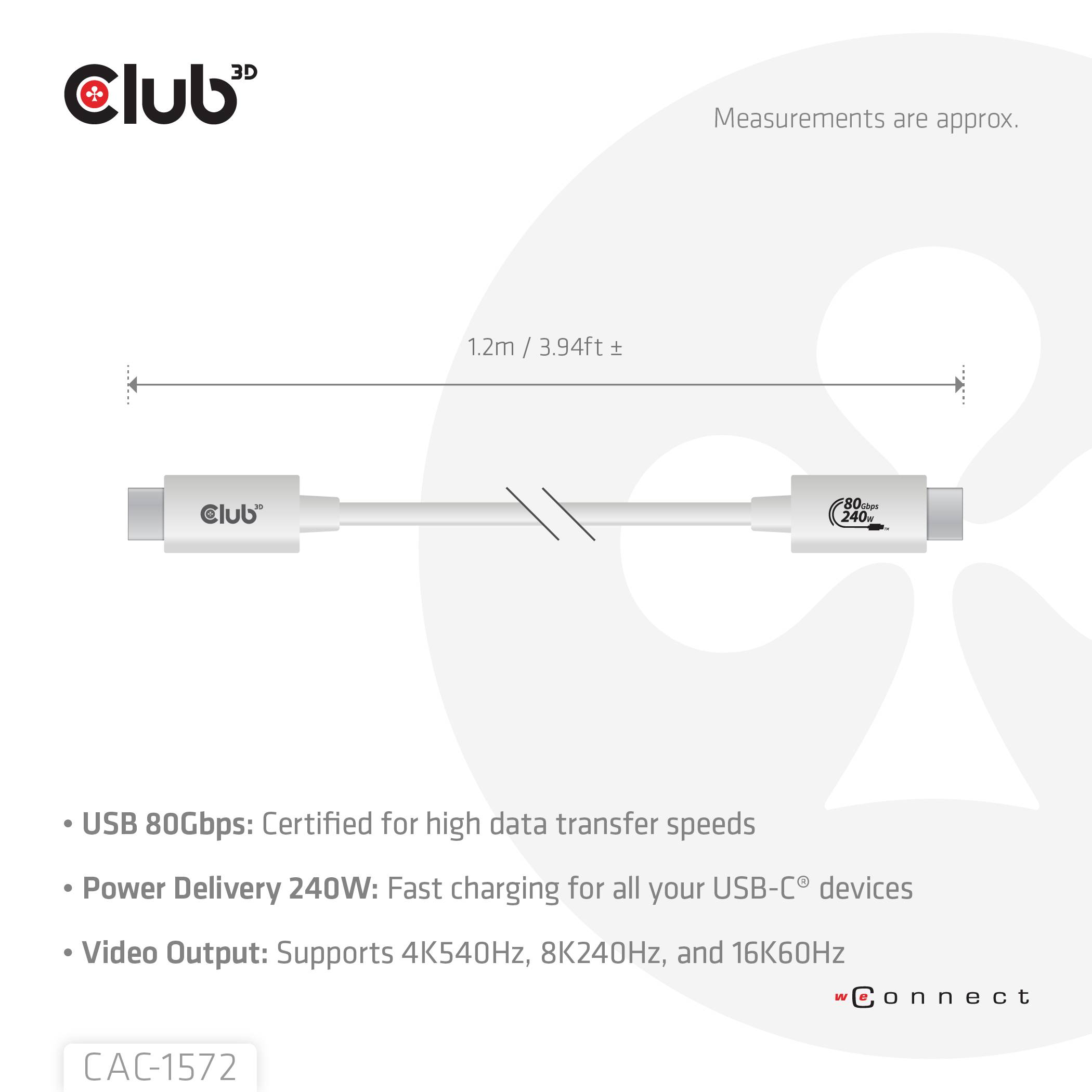 club3D USB-C Kabel USB4® Złącze męskie USB-C® 1.20 m biały CAC-1572-2
