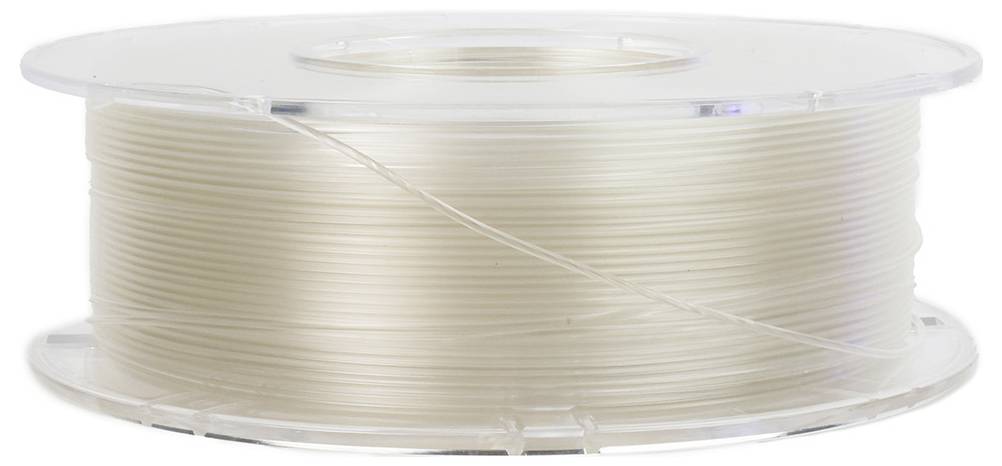 Szpula z przezroczystym filamentem z tworzywa sztucznego, odpowiednia do drukarek 3D. Szpula jest pełna, a filament równomiernie nawinięty.