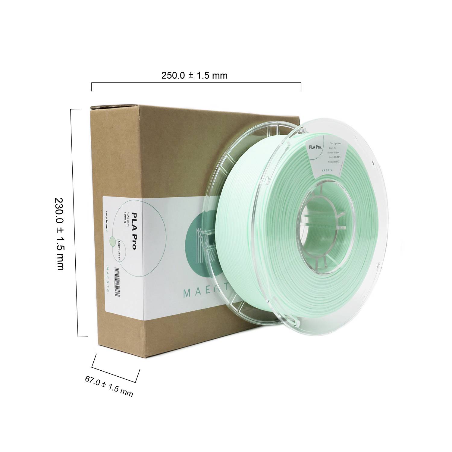 Pudełko z filamentem PLA Pro do drukarki 3D w kolorze miętowej zieleni, o średnicy 1,75 mm. Wymiary: 250 x 230 x 67 mm.