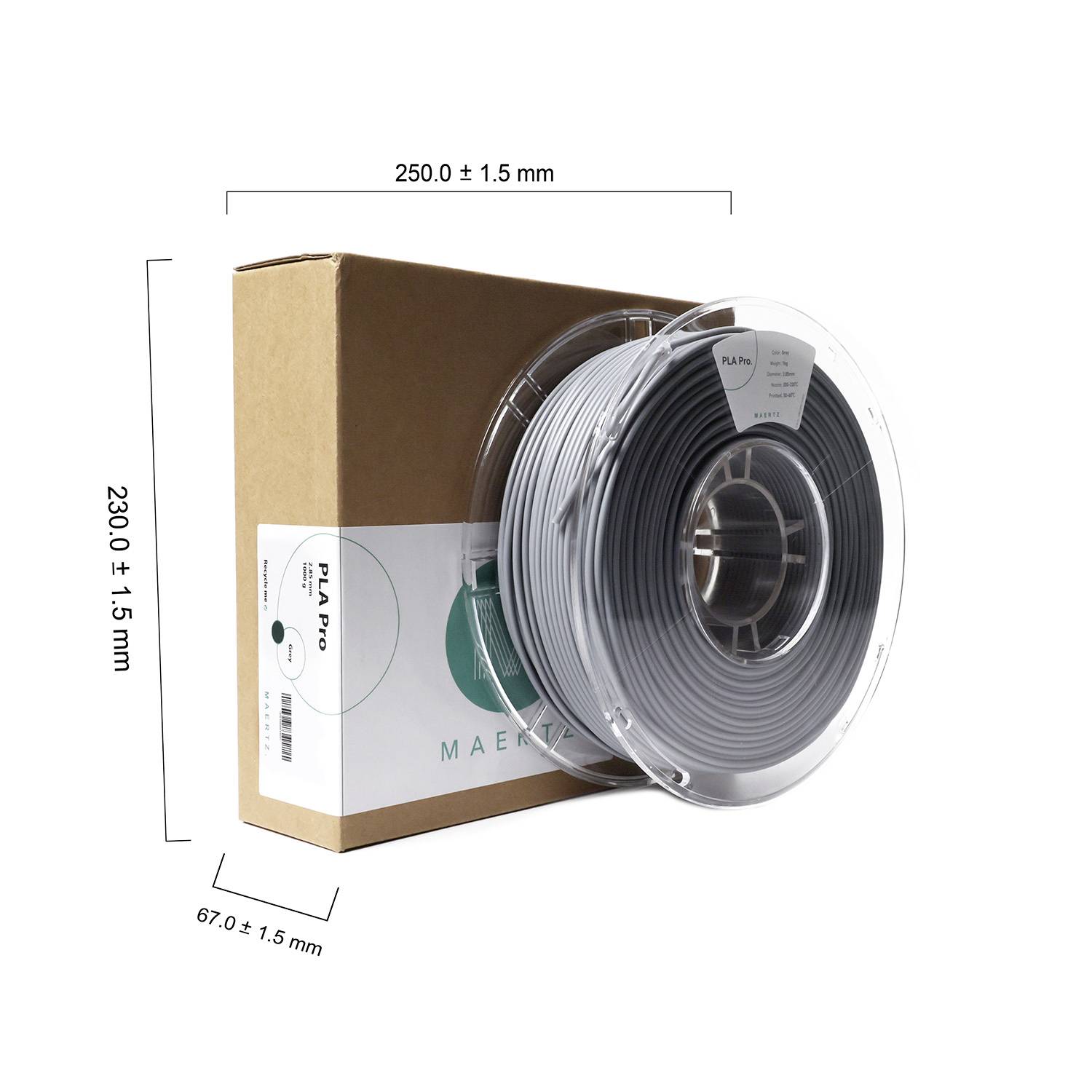 Rolka szarego filamentu do drukarki 3D obok brązowego opakowania. Wymiary opakowania: 250 x 230 x 67 mm. Marka: Maertz.