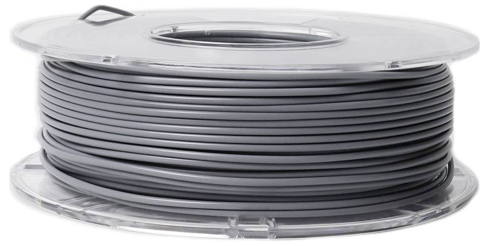 Szpula szarego filamentu do druku 3D umieszczona na przezroczystej plastikowej ramce, sfotografowana na białym tle.