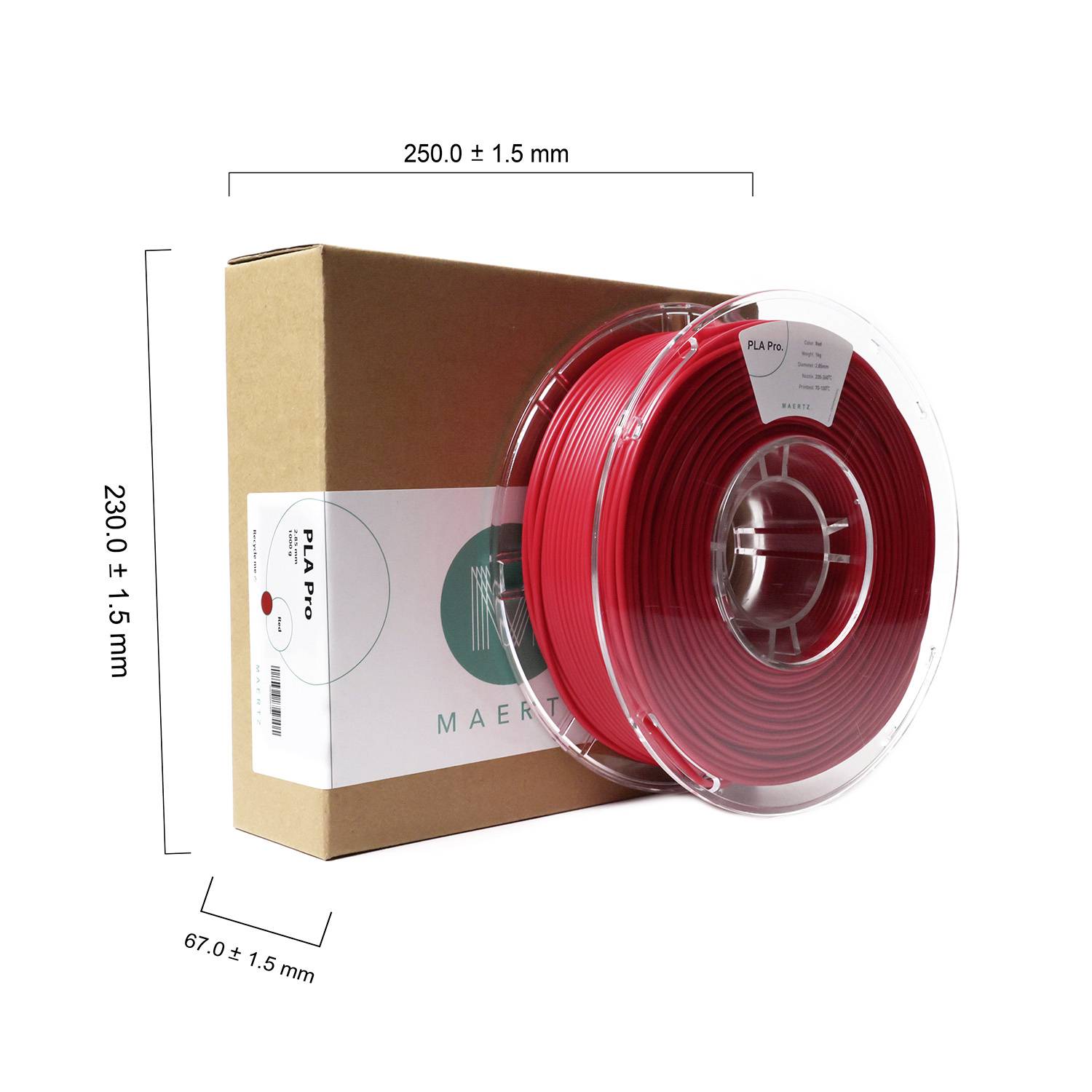 Rolka filamentu PLA Pro w pudełku kartonowym. Wymiary opakowania: 250,0 ± 1,5 mm wysokości, 230,0 ± 1,5 mm szerokości, 67,0 ± 1,5 mm głębokości.