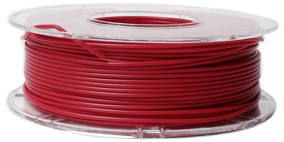 Szpula z czerwonym filamentem, prawdopodobnie do drukarki 3D, na przezroczystej plastikowej rolce.