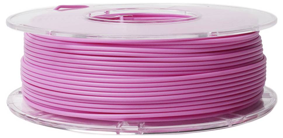 Szpula z różowym filamentem do drukarki 3D na przezroczystym pojemniku plastikowym, przeznaczona do stosowania w drukarkach 3D.
