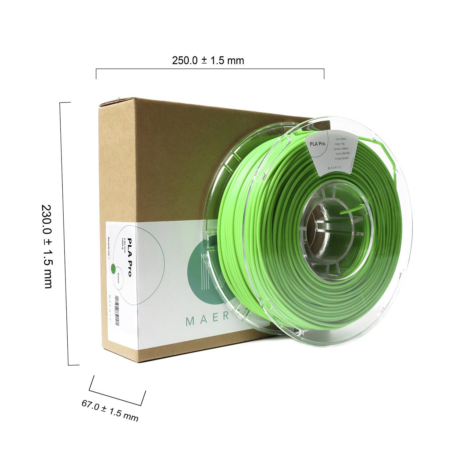 Filament PLA w zielonej rolce, zapakowany w brązowe pudełko. Etykieta wskazuje 'PLA Pro' oraz wymiary: 67,0 ± 1,5 mm x 230,0 ± 1,5 mm x 250,0 ± 1,5 mm.