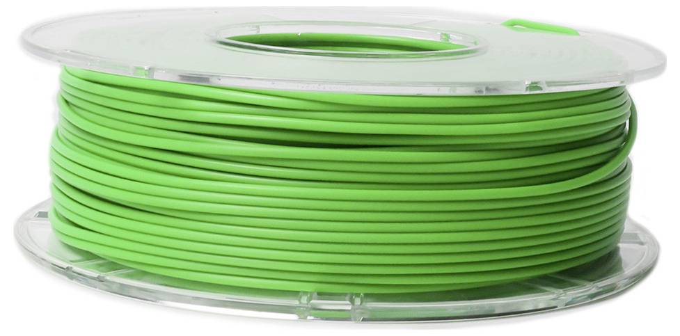 Zielona rolka filamentu do drukarki 3D, sfotografowana z boku.