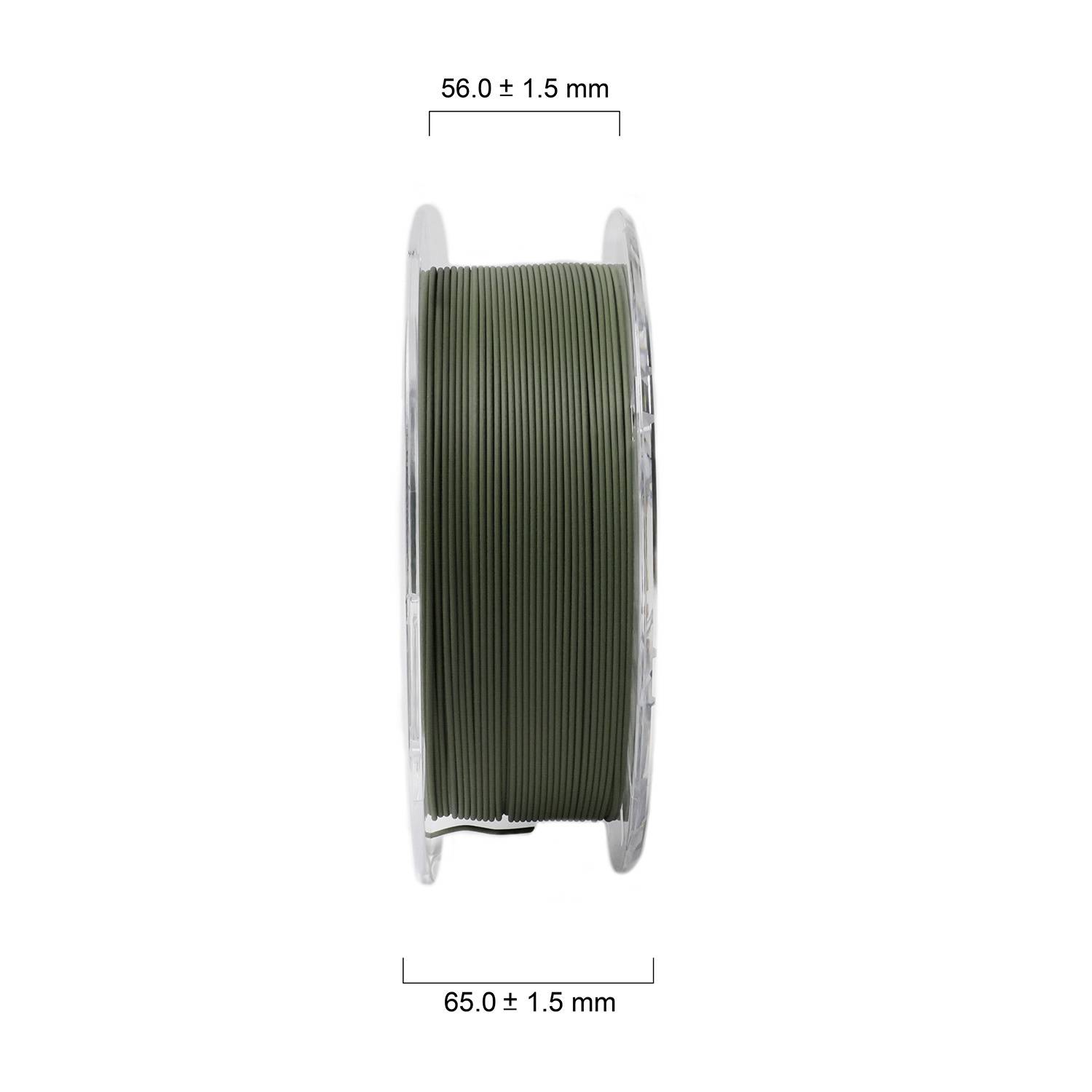 Szpula z włóknem do druku 3D, kolor oliwkowozielony, o szerokości 56,0 ± 1,5 mm, średnicy 65,0 ± 1,5 mm.
