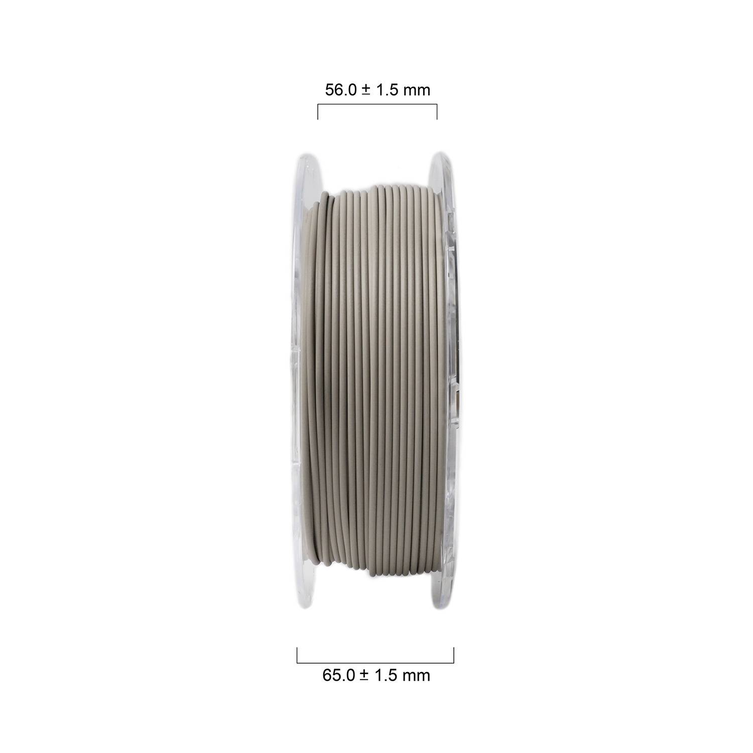 Wyraźny obraz szpuli z filamentem; szerokość 65,0 ± 1,5 mm, grubość 56,0 ± 1,5 mm.