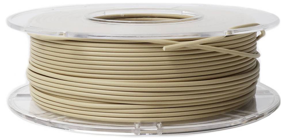 Beżowy filament do drukarki 3D na przezroczystej szpuli, gotowy do użycia w projektach druku 3D.