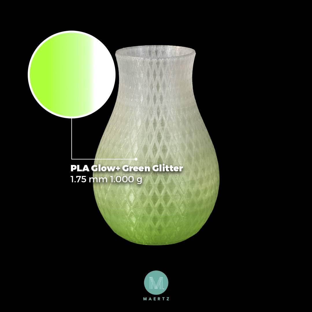 Нить для 3D-принтеров PLA Glow+ Maertz PMMA-1016-002, Диаметр нити: 1,75 мм, 1000 г, зеленая, Глиттер