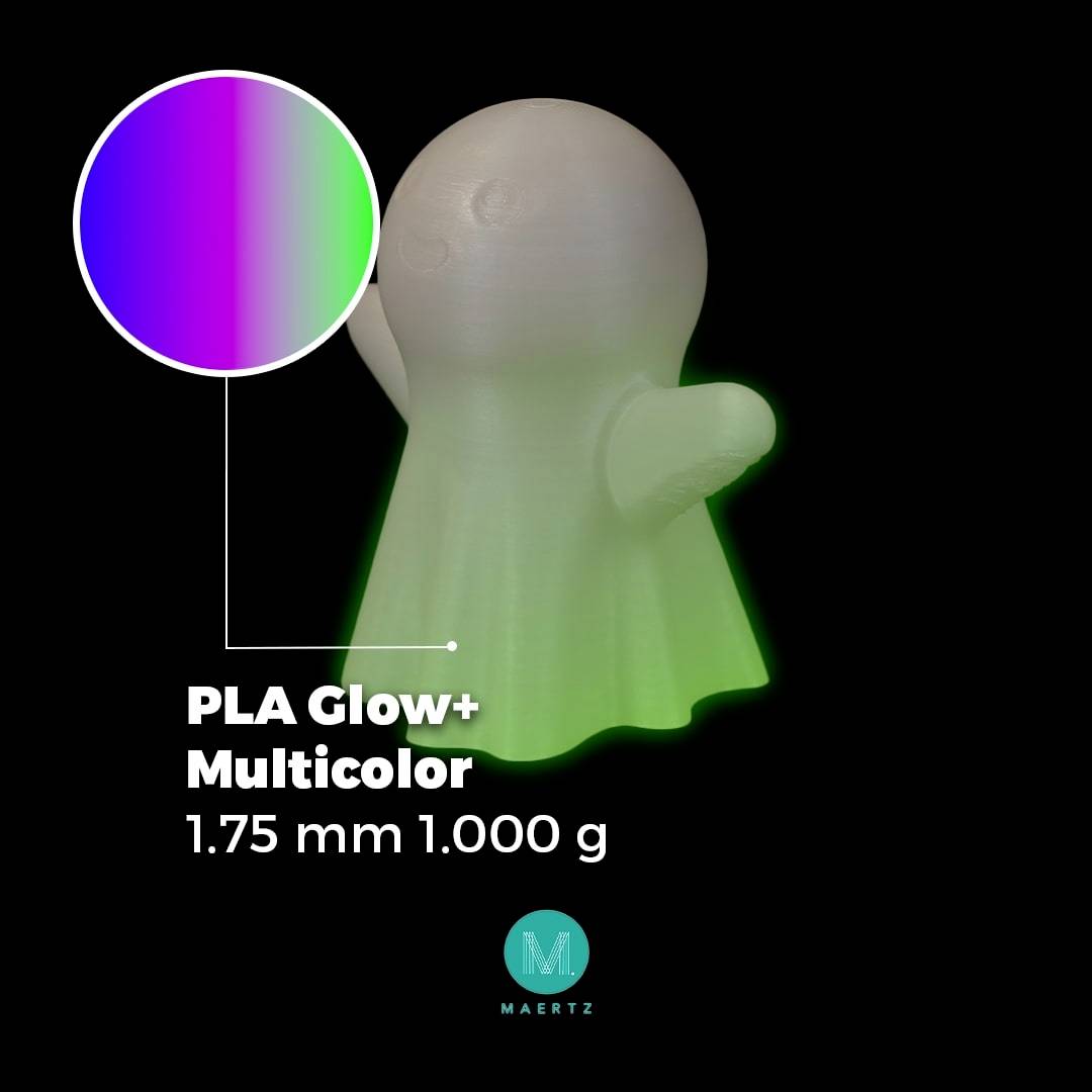 Obiekt wydrukowany w technologii 3D z wielokolorowo świecącego PLA, o rozmiarze 1,75 mm, wadze 1.000 g, reprezentowany przez wielobarwną skalę kolorów.