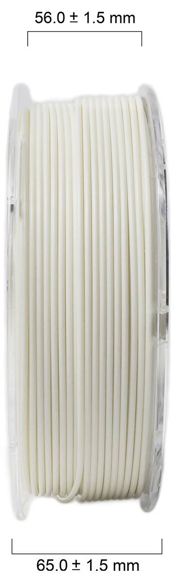 Szpula z białym filamentem, o średnicy 56,0 ± 1,5 mm, szerokości 65,0 ± 1,5 mm.