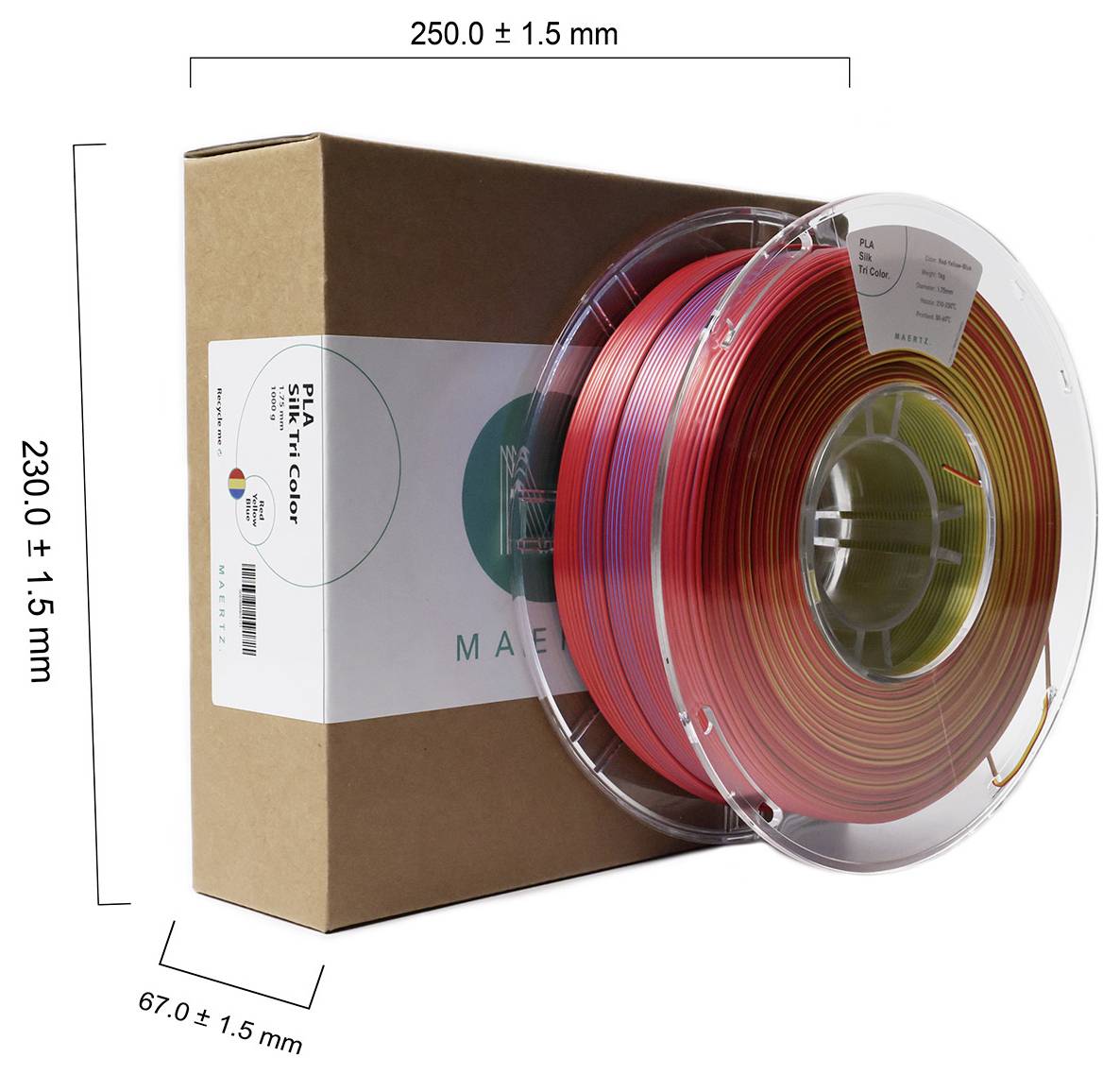 Філамент для 3D-принтерів PLA напівматовий Maertz PMMA-1022-005, Діаметр філаменту: 1,75 мм, 1000 г, червоний, жовтий, синій