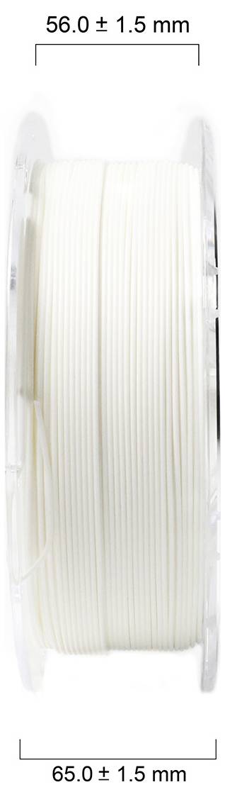 Pionowe ujęcie z bliska białej szpuli plastikowej z podanymi wymiarami: średnica 56 ± 1,5 mm i szerokość 65 ± 1,5 mm.
