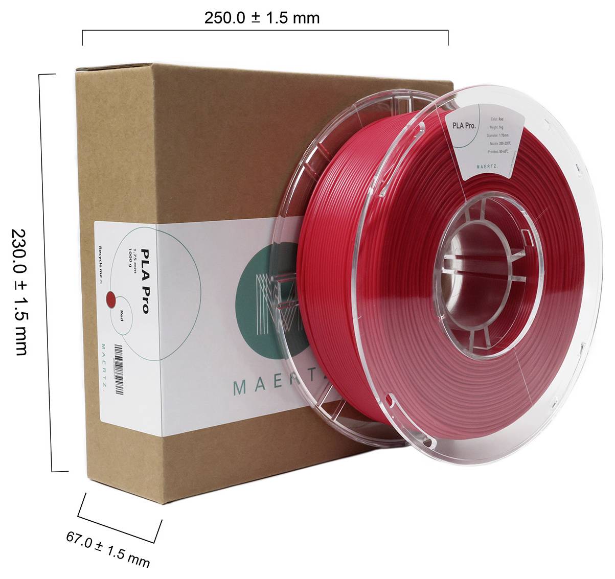 Rolka filamentu PLA Pro w kolorze rudym oraz brązowe pudełko marki MAERT, wymiary: 250x67x230 mm.
