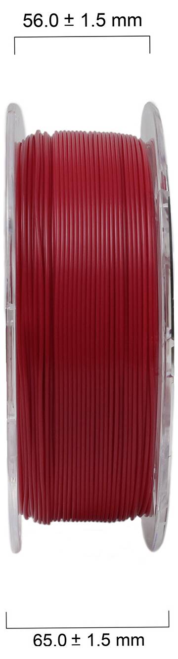 Szpula z czerwonym filamentem, średnica 56,0 ± 1,5 mm, szerokość 65,0 ± 1,5 mm, do drukarki 3D.