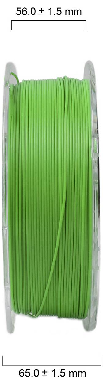 Zielona nić filamentowa na przezroczystej szpuli. Średnica: 65 mm ± 1,5 mm, szerokość: 56 mm ± 1,5 mm.