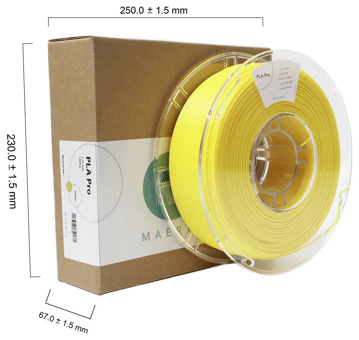 Żółta szpula filamentu PLA Pro obok opakowania o wymiarach: 250x230x67 mm.
