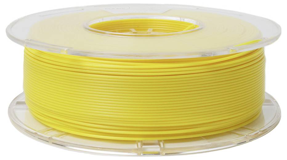 Żółta szpula filamentu do drukarki 3D, przezroczysta obudowa.