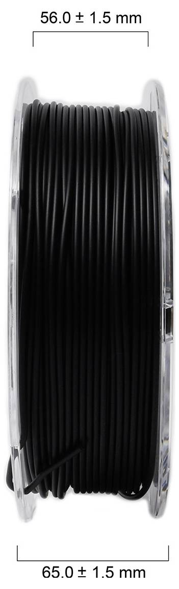 Czarna szpula z tworzywa sztucznego z filamentem, średnica: 65,0 ± 1,5 mm, szerokość: 56,0 ± 1,5 mm. Idealna do druku 3D.