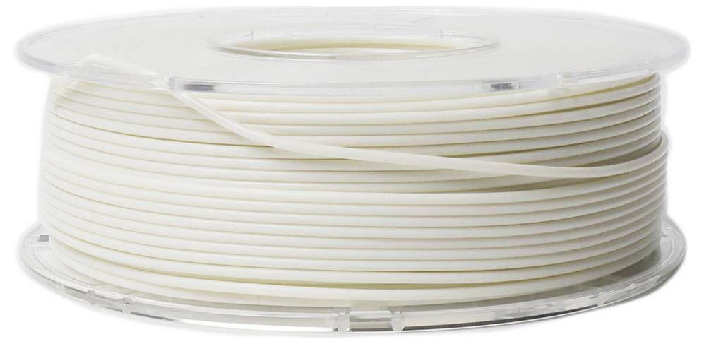 Biały filament do drukarki 3D na szpuli. Nić jest równomiernie nawiniętą, a szpula wykonana jest z przezroczystego tworzywa sztucznego.