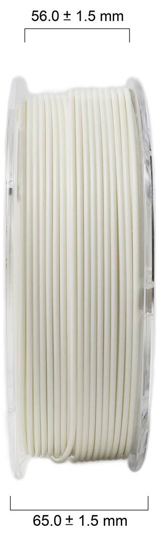 Ilustracja białej rolki filamentu o wymiarach: średnica 65,0 ± 1,5 mm i szerokość 56,0 ± 1,5 mm.