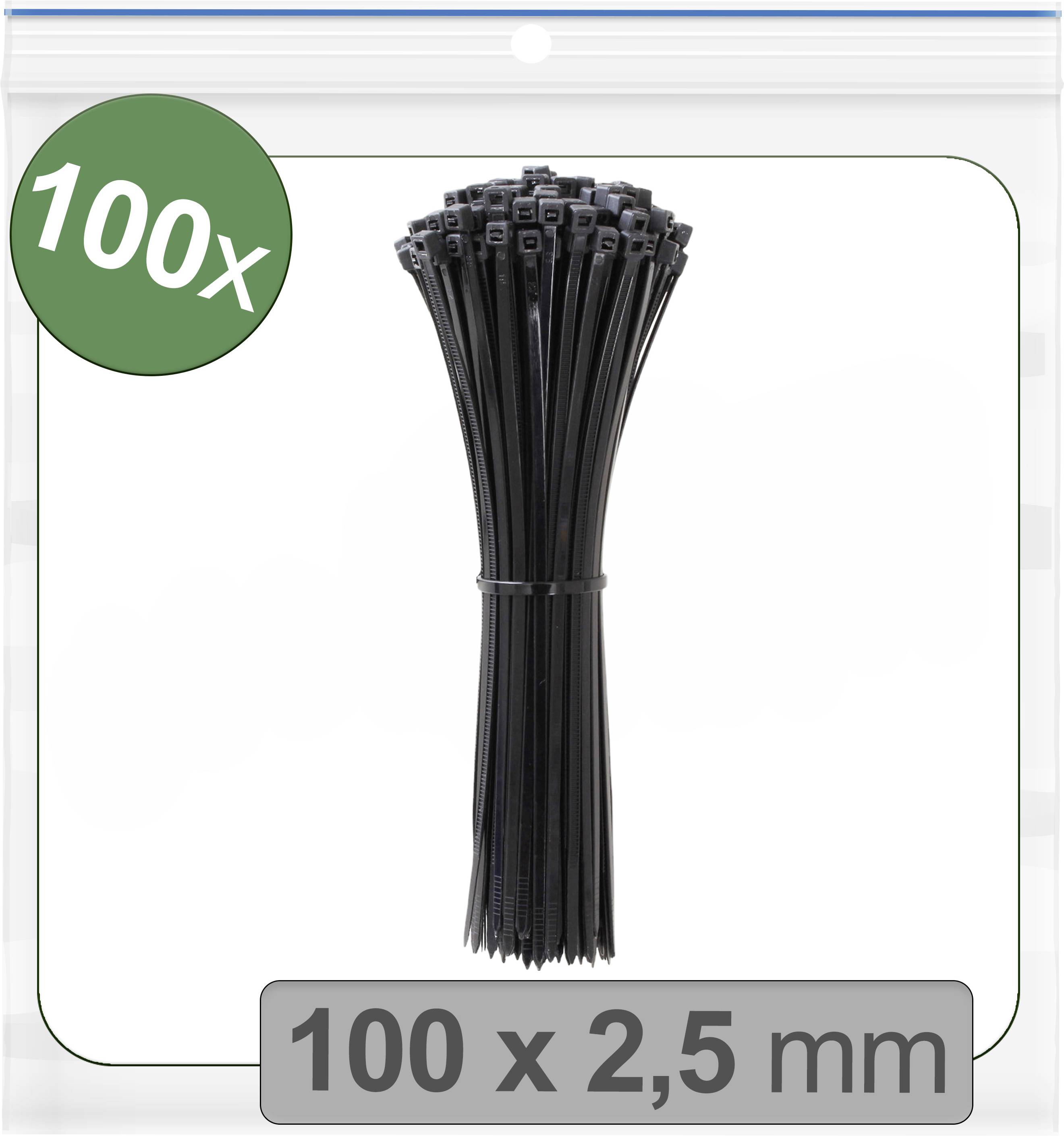 Pęk 100 czarnych opasek kablowych o rozmiarze 100 x 2,5 mm.