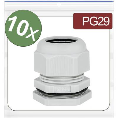 '10x PG29 złączki kablowe, szare'. Plastikowe opakowanie z gwintem okrągłym i uszczelką do mocowania i uszczelniania kabli.