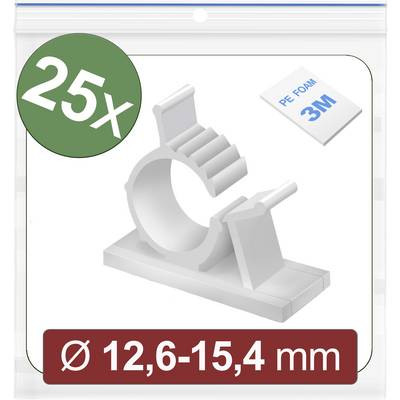25 uchwytów kablowych z powierzchnią klejącą, odpowiednich dla przewodów o średnicy od 12,6 do 15,4 mm. Zawiera podkładki piankowe 3M PE. Ilustracja opakowania.