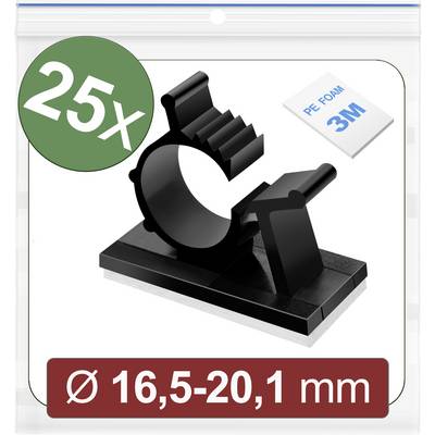 Czarny uchwyt kablowy '25X' z naklejką 'PE FOAM 3M', odpowiedni dla średnicy kabli 16,5-20,1 mm, w opakowaniu z tworzywa sztucznego.