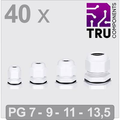 Cztery białe dławice kablowe w różnych rozmiarach, u góry po lewej stronie '40 x', u góry po prawej logo 'TRU COMPONENTS'. Na dole rozmiary 'PG 7 - 9 - 11 - 13,5'.