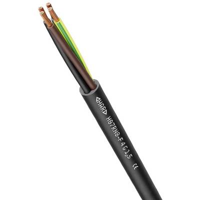 Czarny kabel elektryczny z trzema przewodami miedzianymi, izolowany tworzywem sztucznym, z nadrukiem 'HAR H05VV-F' i innymi specyfikacjami.