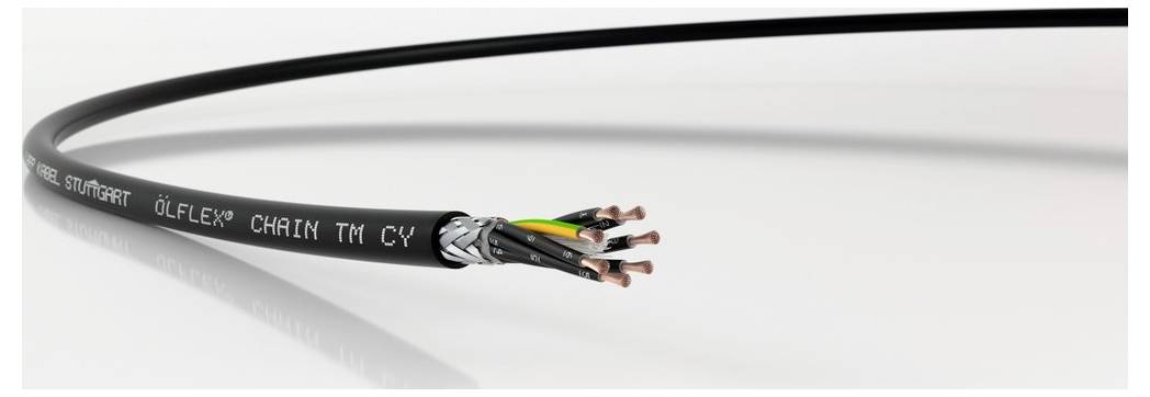 Czarny kabel z wielokolorowymi przewodami wewnętrznymi, częściowo rozłożony, na białym tle.
