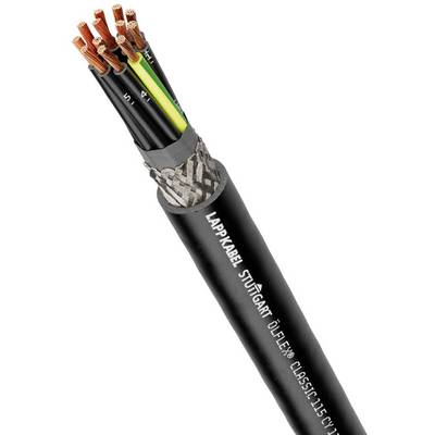 Przekrój czarnego przewodu elektrycznego z wieloma przewodnikami miedzianymi i izolacjami, przeznaczony do zastosowań przemysłowych.