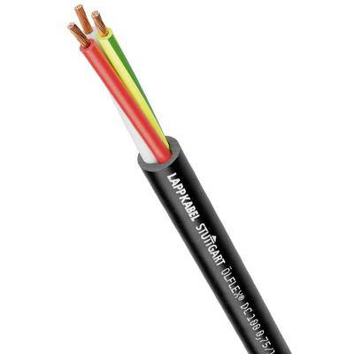 Czarny kabel z trzema izolowanymi przewodami miedzianymi w kolorach zielono-żółtym, czerwonym i białym, oznaczony napisem 'Lapp Kabel Stuttgart'.