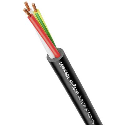 Czarny kabel z nadrukiem LAPPKABEL, zawierający cztery żyły w kolorach zieleń-żółć, czerwień, biel i miedź, zakończony luźnymi przewodami.