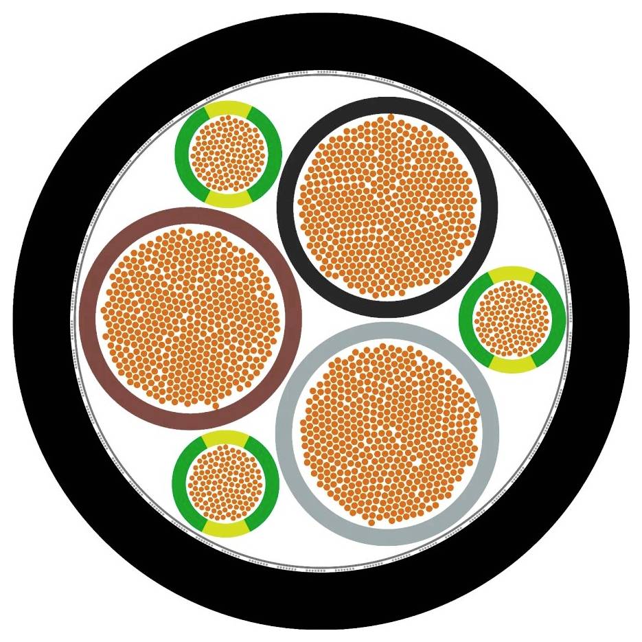 Przekrój poprzeczny kabla elektrycznego z wieloma żyłami, każda izolowana i otoczona osłoną ochronną, różne rozmiary.