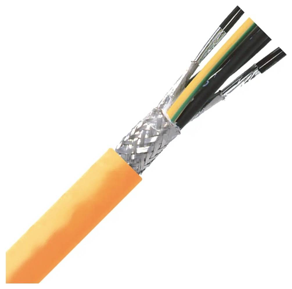 Pomarańczowy kabel z wieloma żyłami w kolorach czarnym, zielonym i żółtym, częściowo osłonięty srebrną warstwą ochronną.