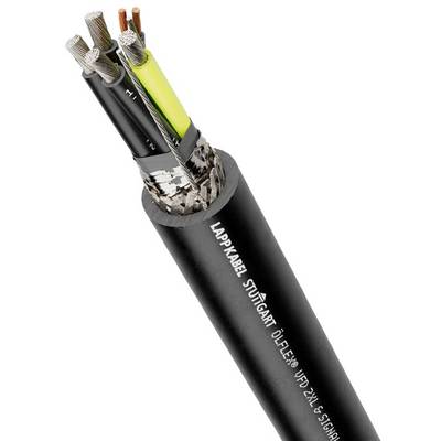 Czarny kabel z wieloma izolowanymi przewodnikami i plecionym metalowym płaszczem ochronnym, oznaczony napisem 'LAPPKABEL STUTTGART'.