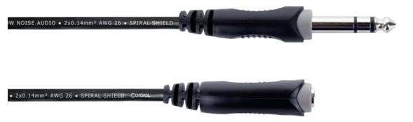 Dwa wtyki audio: Na górze wtyk jack 6,35 mm, na dole gniazdo jack 6,35 mm. Oba są czarne z srebrnymi stykami.