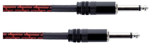 Dwa czarne kable audio ze wzorami w kolorze czerwonym, zakończone wtykami jack 6,3 mm. Odpowiednie do instrumentów muzycznych lub urządzeń audio.