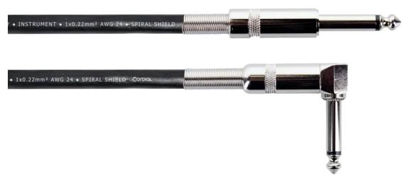 Dwa kable instrumentalne z wtykami jack 6,35 mm, jeden prosty i jeden kątowy, do połączeń audio.