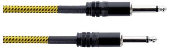 Dwa kable audio z żółto-czarną plecionką i czarnymi wtykami, ułożone obok siebie.