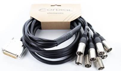 Wiązka kablowa z wieloma złączami XLR i wtykiem DB25. Opakowanie z napisem Cordial Elements.